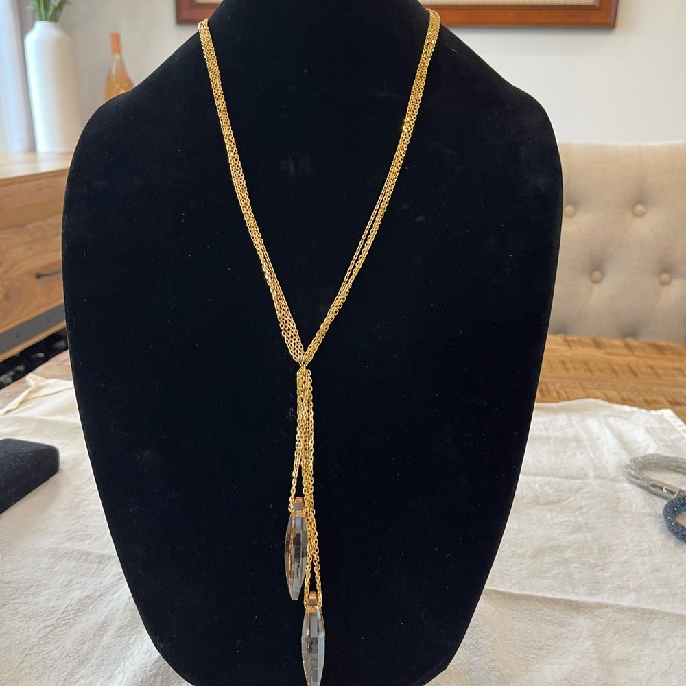Gold and Silver Lariat Necklace with Tasseled Ends